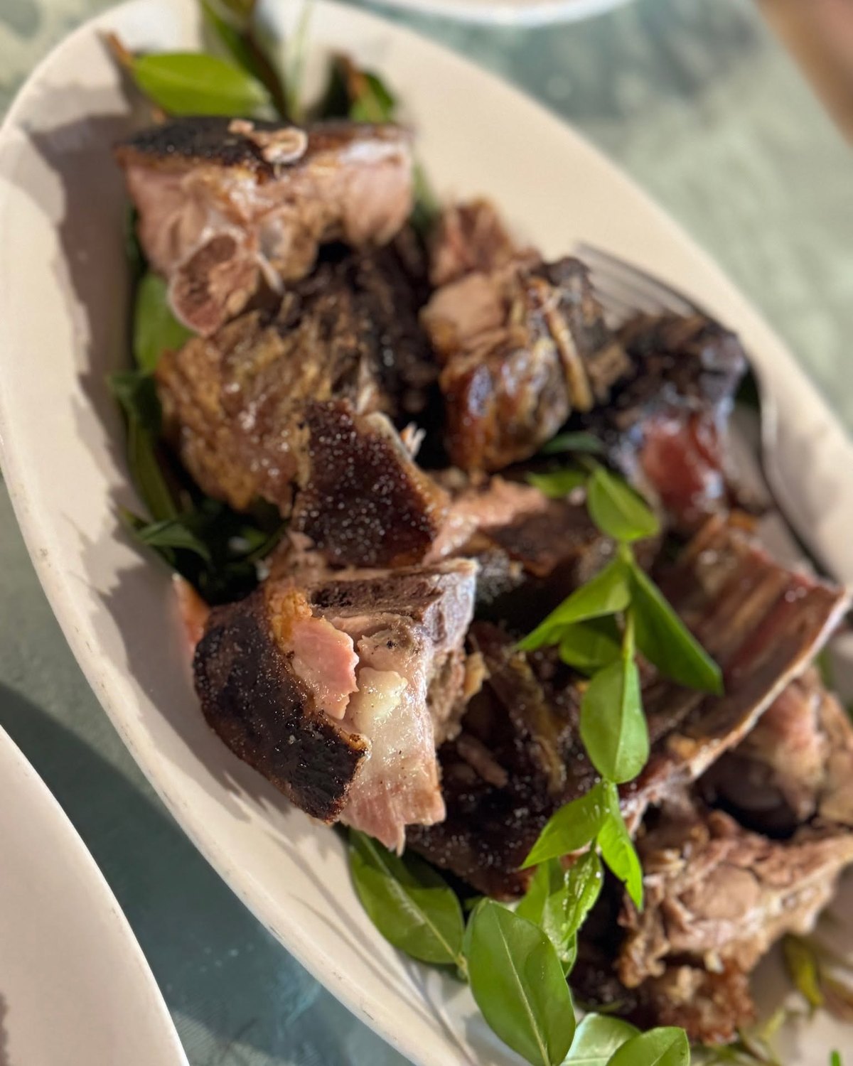 Pezzi di carne arrosto con crosta scura e sale grosso su foglie verdi in un piatto ovale bianco, Agriturismo Gutturus